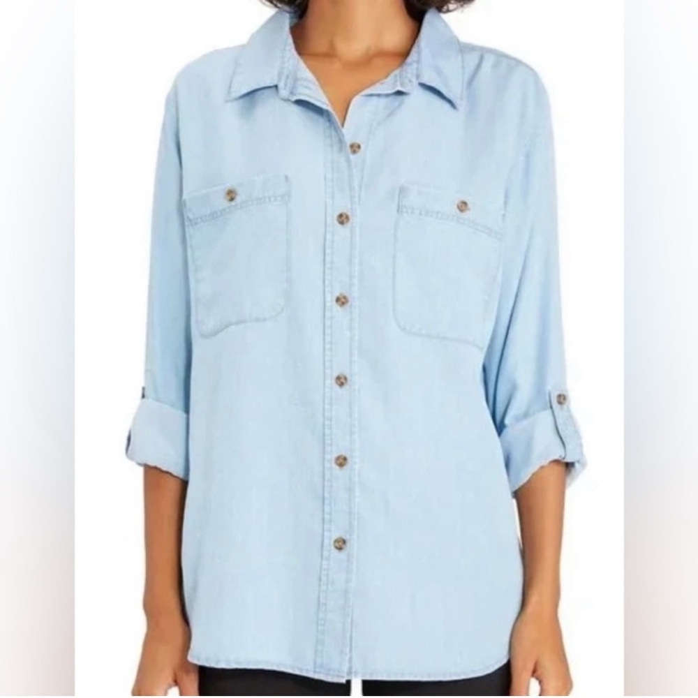 Social Standard By Sanctuary Chambray Long Sleeve Top XS Collared Utility Casual